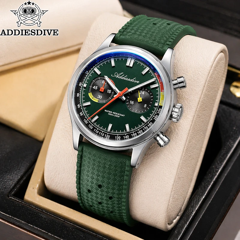 

ADDIESDIVE Luxury Mens Quartz Watch AD2549 38mm 316L Stainless Steel Case Bubble Glass Fluoro Rubber Strap BGW9 Luminous 100M