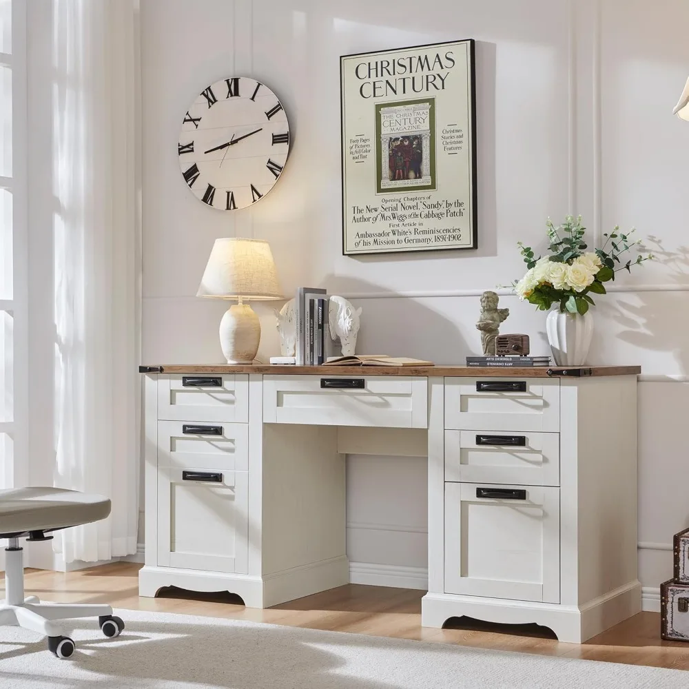 60" Farmhouse Executive Desk with Drawers, Wood Home Office Desk w/Charging Station, Keyboard Tray, File Drawer, Storage Cabinet