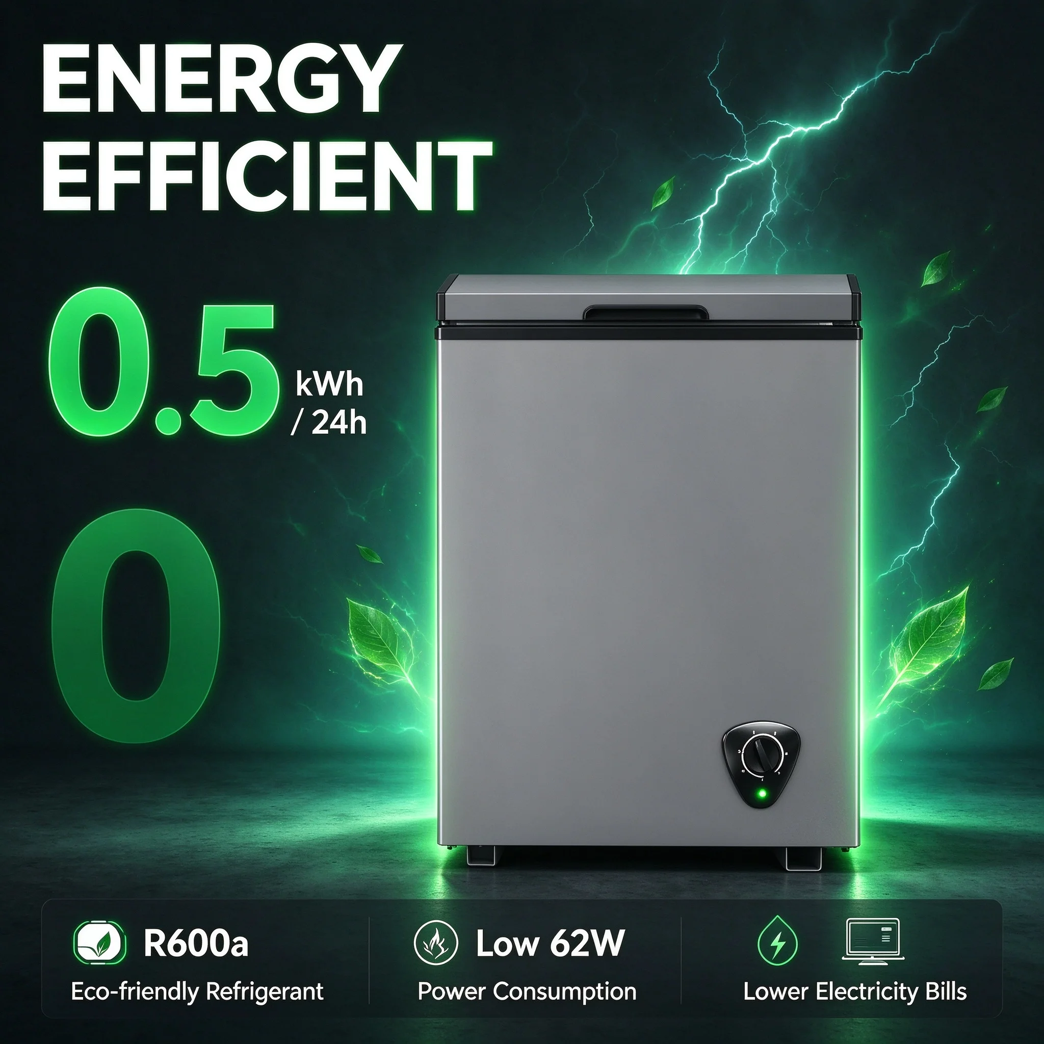 3.5 Cu. Ft. Chest Freezer, Compact Deep Freezer with Adjustable Mechanical Thermostat, -24°C to -12°C Temperature Range, Energy-Saving 62W Design, Manual Defrost, R600a Refrigerant, 115V for Home, Apartment & Garage