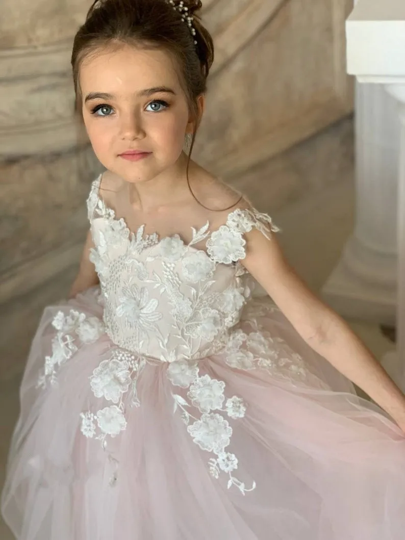 Robe de Rhà fleurs pour filles, robe de princesse pour fête de mariage, col transparent, dentelle appliquée, longueur au sol, robe longue pour bébé fille, enfants