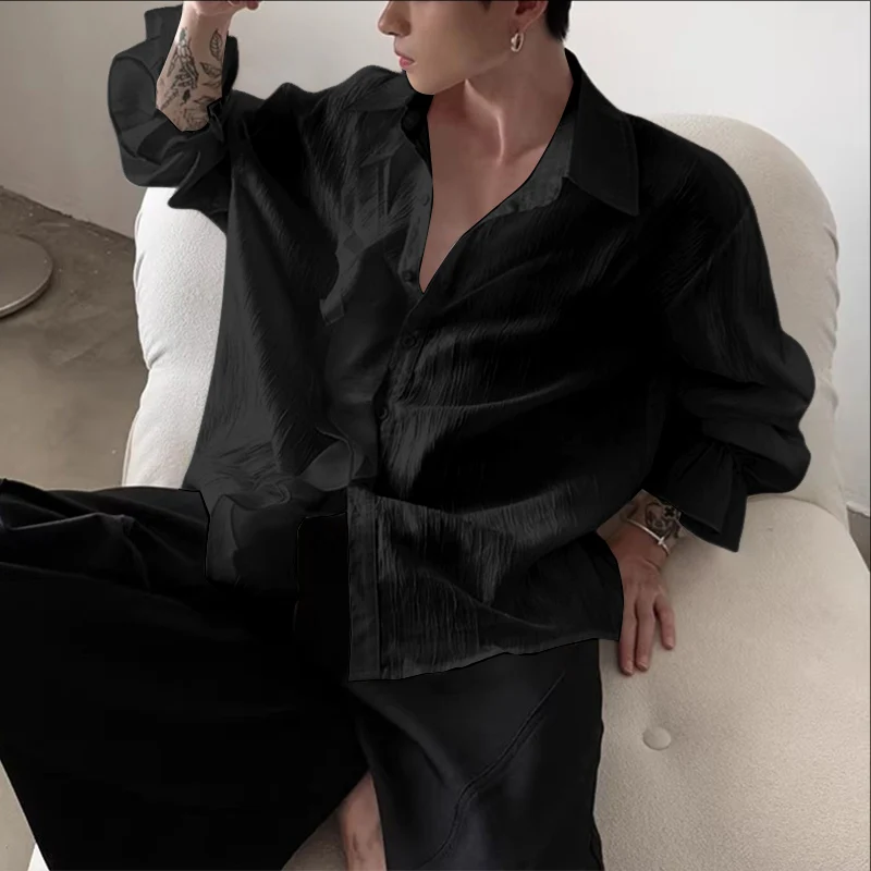 

INCERUN Мужская рубашка, однотонная плиссированная рубашка с рюшами и лацканами, мужская одежда с длинными рукавами, уличная одежда, свободные модные повседневные топы, мужские рубашки S-5XL