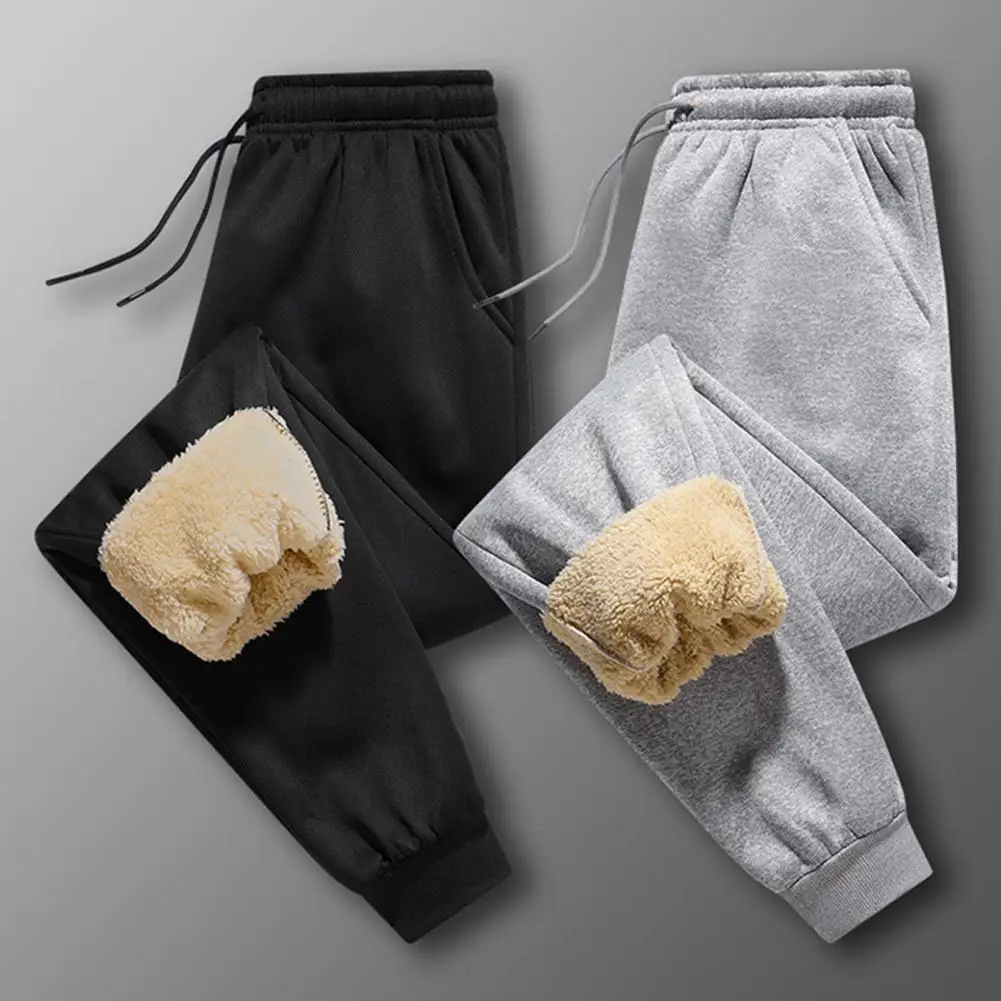 Men Side Pocket Pants Men's Winter Fleece Pants with Drawstring Waist Heat Retention Pockets Solid Color Warm Sport for Work