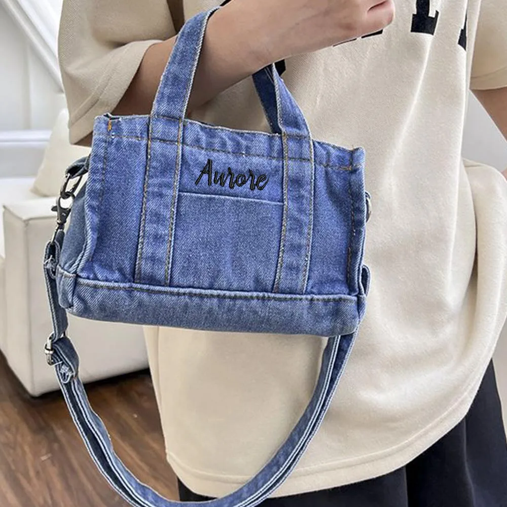 Name Embroidered Korean Summer Canvas Bag Denim One Shoulder Crossbody Bag Casual Versatile Handheld Women\'s Cloth Bag