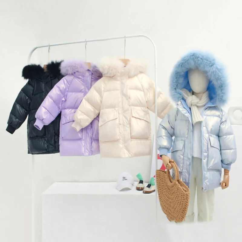 Down Old Kids 2-10 Year Jacket Warm Bright Fluff Hat Long Jacket for Girls Winter Outdoors Wind Resistance Children\'s Clothing