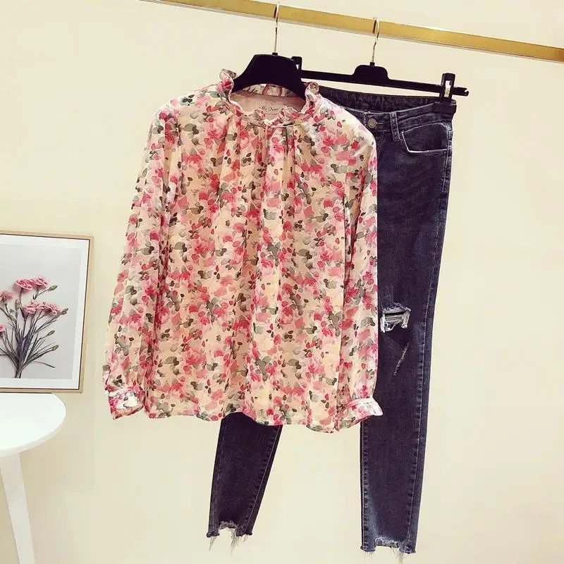 Pink Floral Printing Chiffon Elegant Chic Pullover Loose Long Sleeve Women\'s Blouse Shirt Female Clothing Tops 2024 Fashion