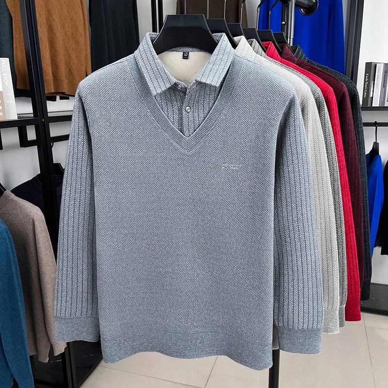 Maglieria in due pezzi finta a maniche lunghe con risvolto da uomo di marca originale Autunno Inverno Nuovo arrivo Addensare ricamato Abbigliamento da uomo caldo di moda