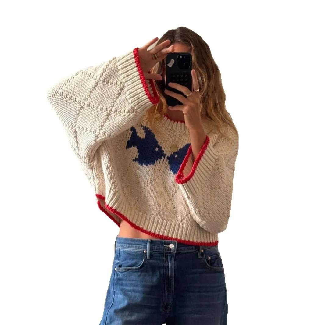2025 Otoño e Invierno nueva moda Retro contraste Jacquard diseño tejido suelto Casual suéter mujer ropa Tops de manga larga