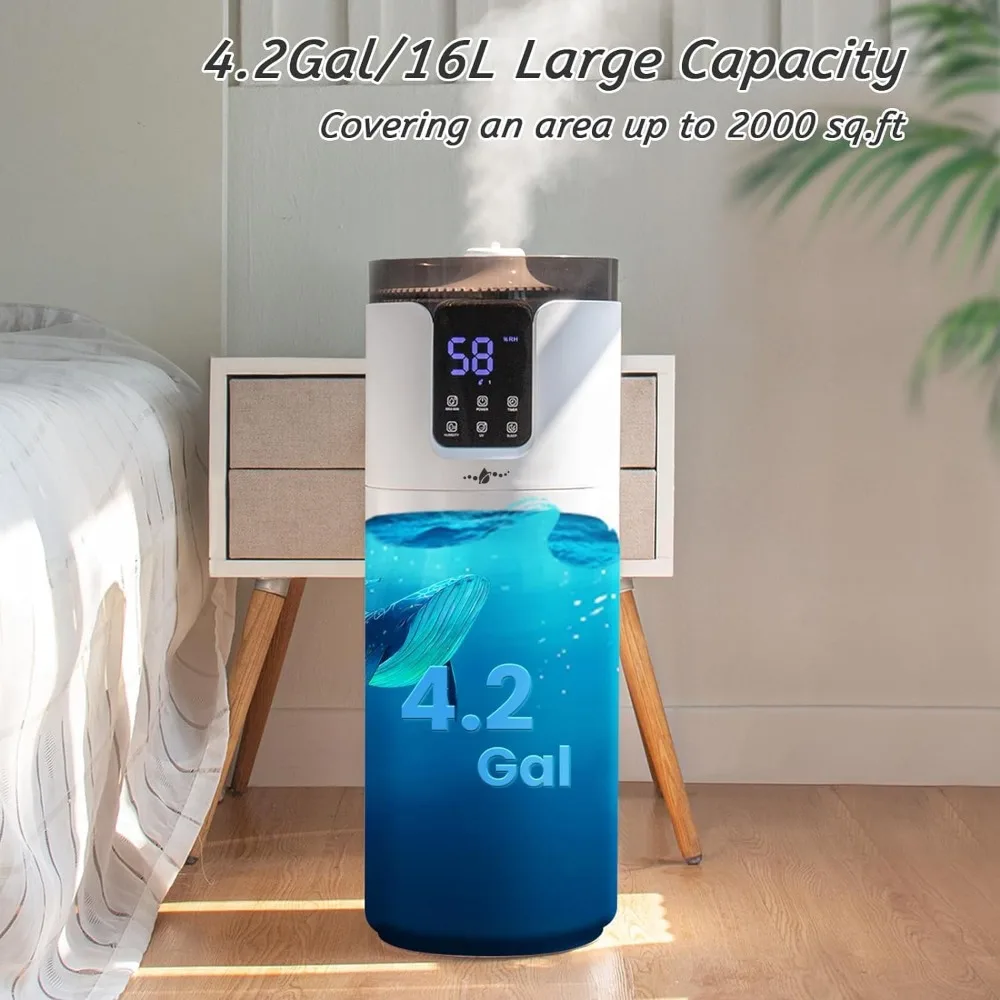 Humidifiers for Home Large Room Wholehouse Humidifier 2000 sq. ft 4.2 Gal 16L Floor Humidifier 360° Nozzles Cool Mist Ultrasonic