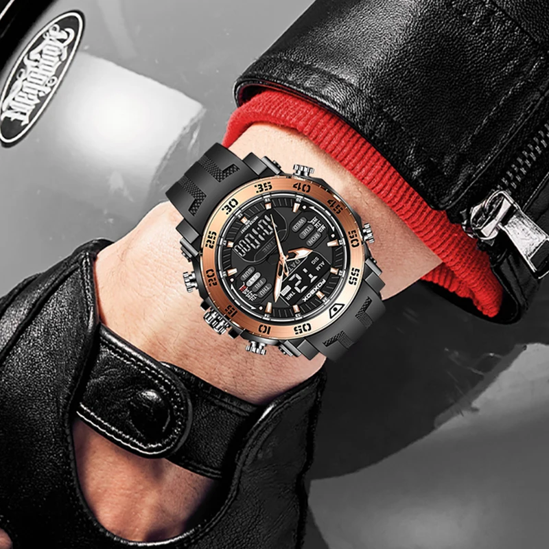 ساعة FOXBOX مزدوجة العرض للرجال، ساعة يد كوارتز رياضية عسكرية للرجال، مقاومة للماء، سيليكون تناظرية رقمية للرجال