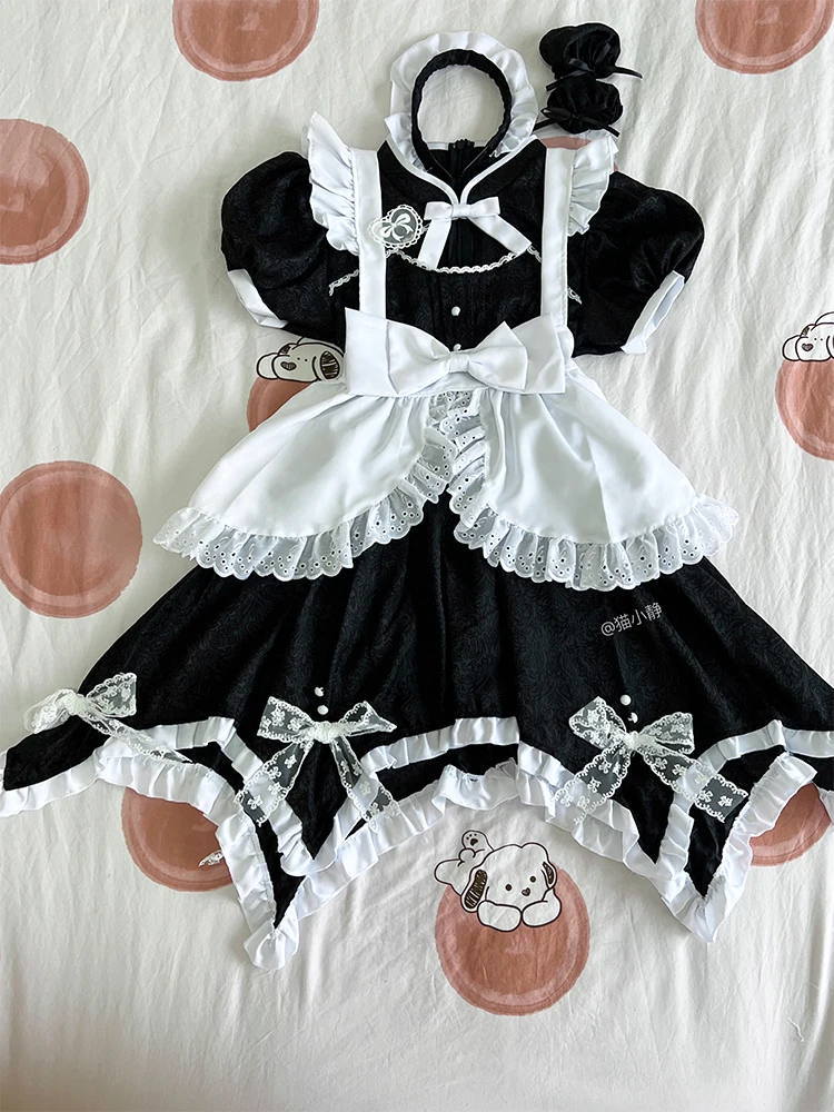 L-5XL Chinese Lolita Sweet Lace Bow A-line Irregular Dress Black and White Large Size Maid Cosplay High Waist Women's Dresses