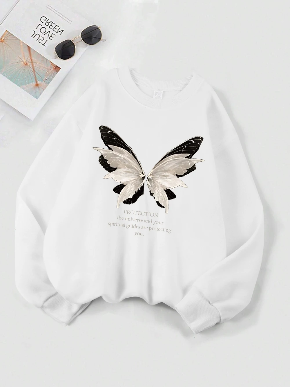 Butterfly Protection Printing Sweatshirt Womens Loose Sporty Hoodie Fleece Warm Crewneck Pullover Winter Casual Womans Clothes