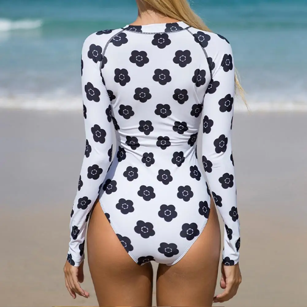 Zipper Closure Women Monokini Triangle Cutting Beachwear Flower Print Long Sleeve One Pieces Swimwear for Female Beach Wear 2022