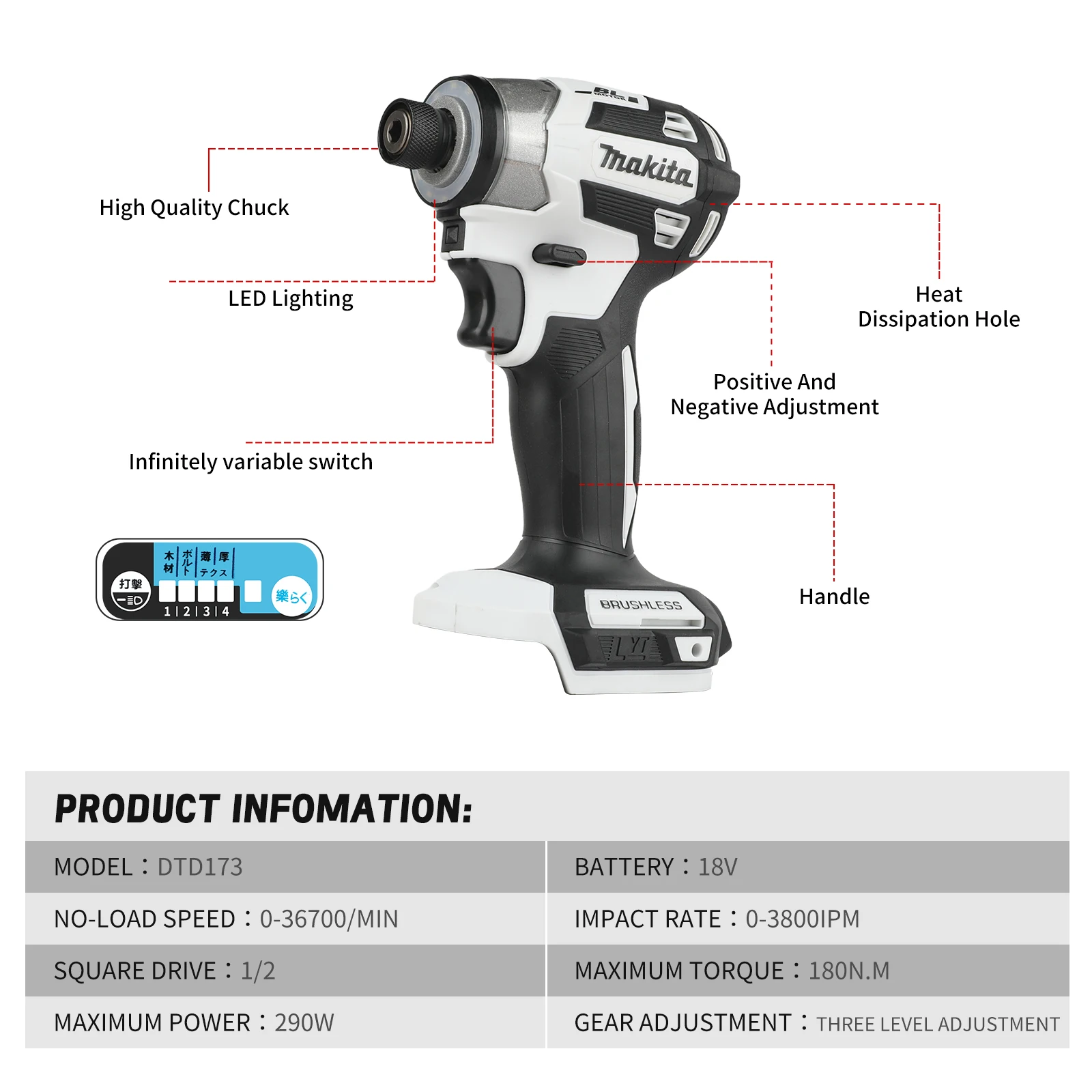 Makita 18V DTD173 White Brushless Drill Power Tool for Home Improvement And DIY 180Nm Electric Wood/Bolt/T-Mode