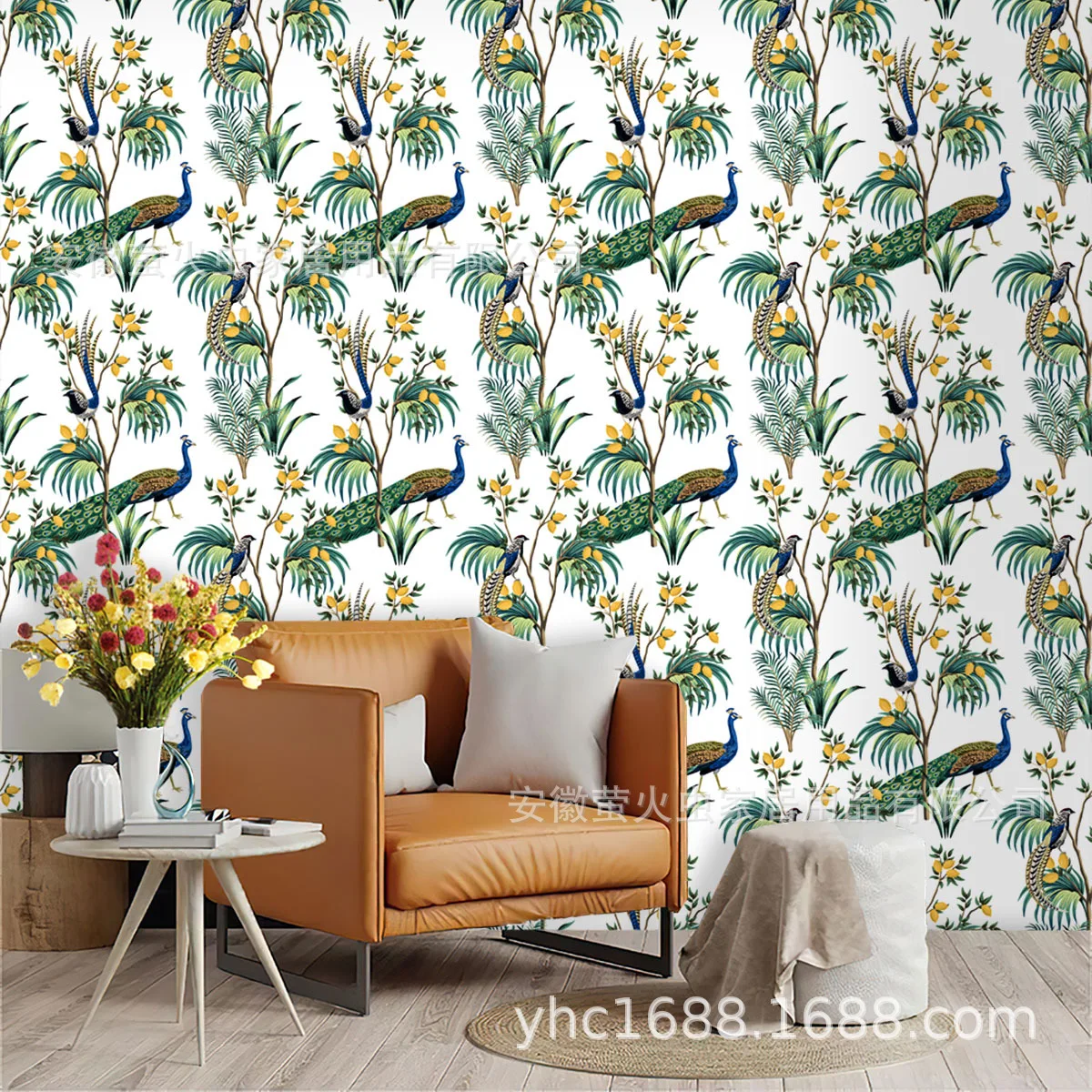 Peacock Tropical Tree Self Adhesive Wallpaper White Background Bird Fruit Print Peel Stick Removable Vinyl Wall Paper Home Decor