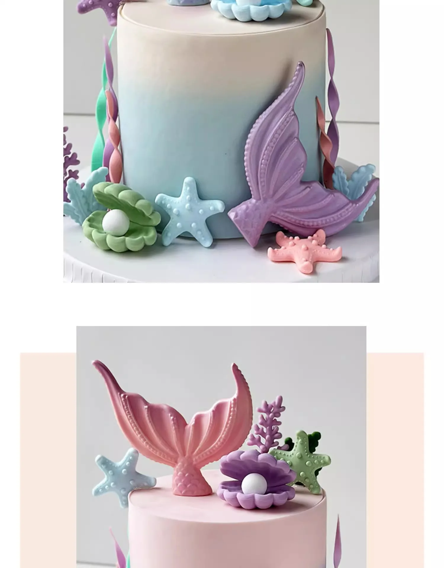 Meerjungfrauenschwanz-Kuchenaufsatz unter dem Meer, Dekor mit Korallenschalen für Geburtstag, Babyparty, Ozean-Thema, Partyzubehör – Detail 3