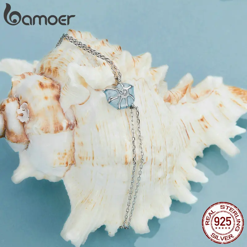 BAMOER 925 Sterling Silver Blue Seashell Link Chain Bracelets for Women Ocean Series Jewelry Gift BSB176 2