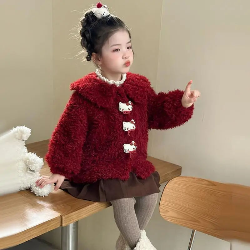 

Sanrio Hello Kitty, зимний толстый шерстяной свитер с хлопковой подкладкой, новая модная детская одежда Kawaii Y2k, одежда в стиле аниме для маленьких девочек