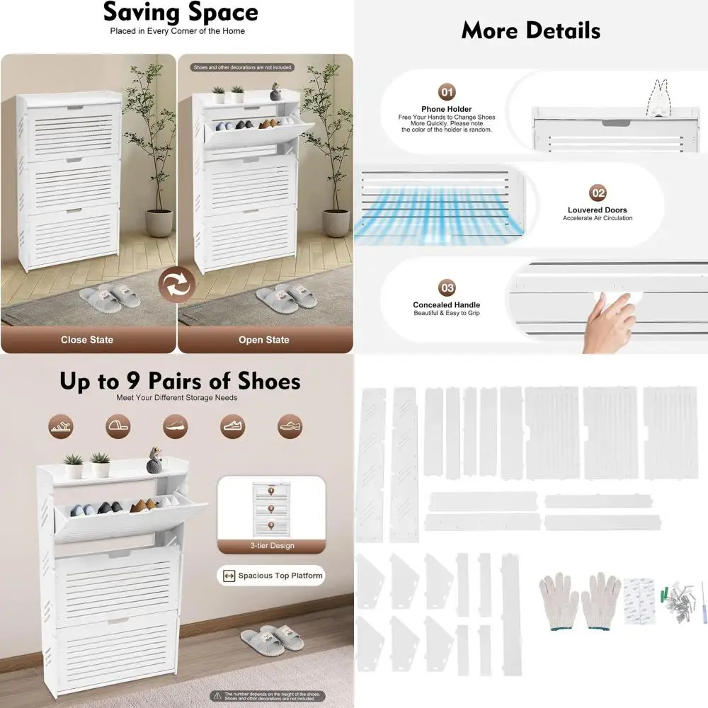 

Белый трехъярусный шкаф для обуви с верхней полкой, органайзер с жалюзи для прихожей и гостиных — 27,56x6,69x42,91