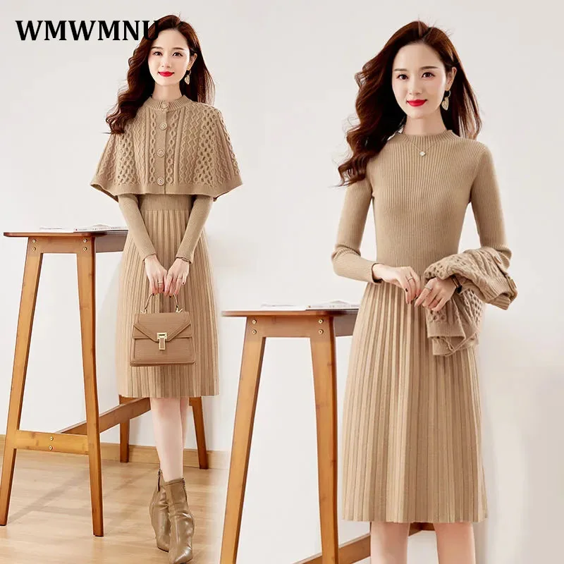 Slim Winter Sweater Dresses Suit Elegant Knitted Dress 2 Piece Sets Women Outfits Vintage Ribbed Crop Shawl + Casual Long Sleeve