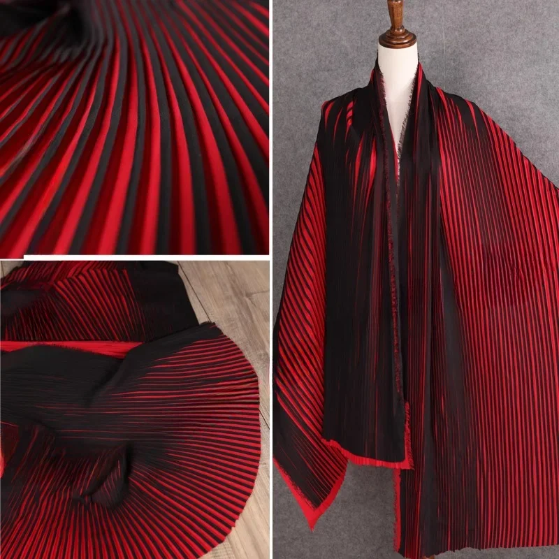 

Red and Black Pleated Striped Chiffon Smooth Feel Fabric Heavyweight Fashion Large Skirt Accordion Fold Designer Fabric