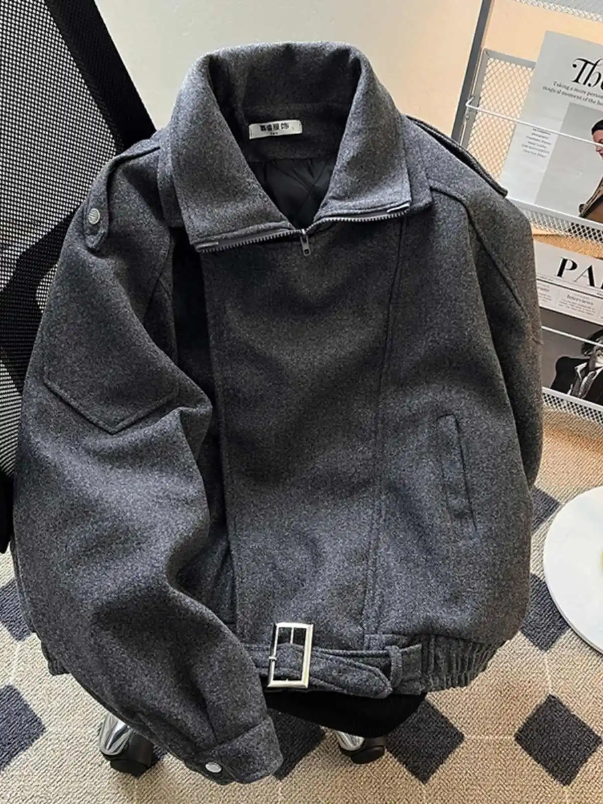 

Women's Dark Grey Cropped Jacket Coat 90s Vintage Harajuku Autumn Jacket Long Sleeve Woollen Coats Loose Outerwear 2000s Clothes