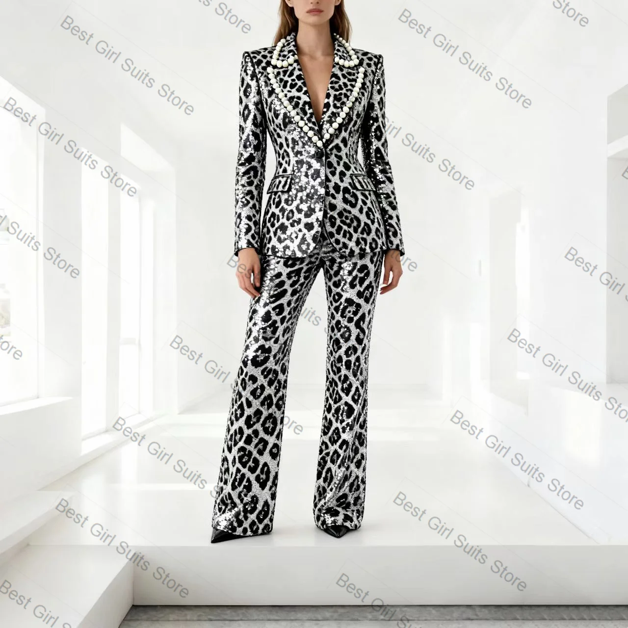 Leopard Print Women Suit Pants Set 2 Piece Sequins Blazer+Trousers Formal Office Lady Jacket Customized Party Wedding Coat