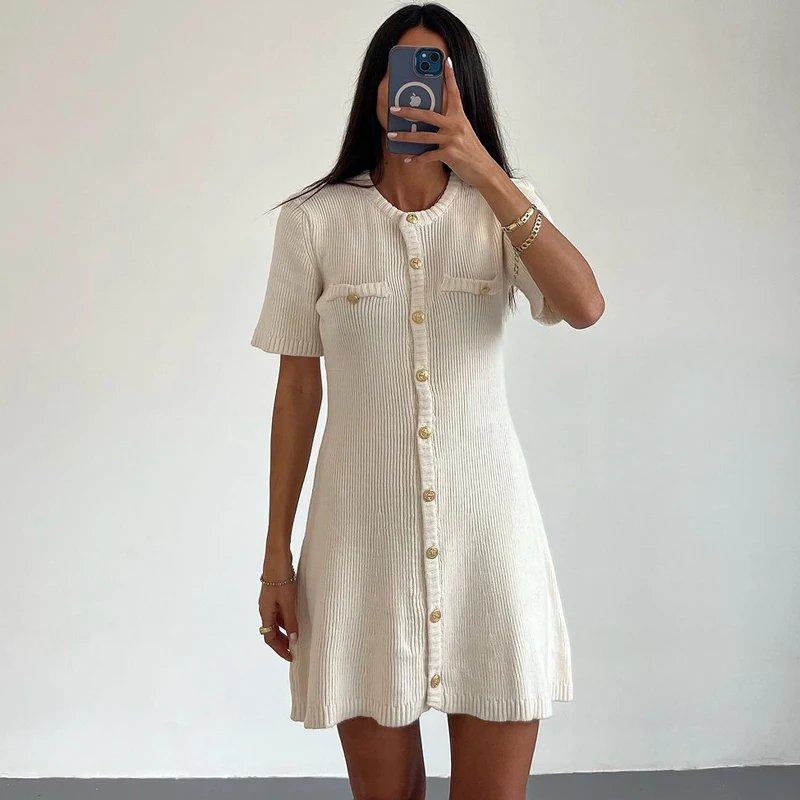 White Elegant Knitted Mini Dress For Women Metal Button Sexy Slim Rib Sweater Dress Holiday Party Outfits Autumn 2024 New