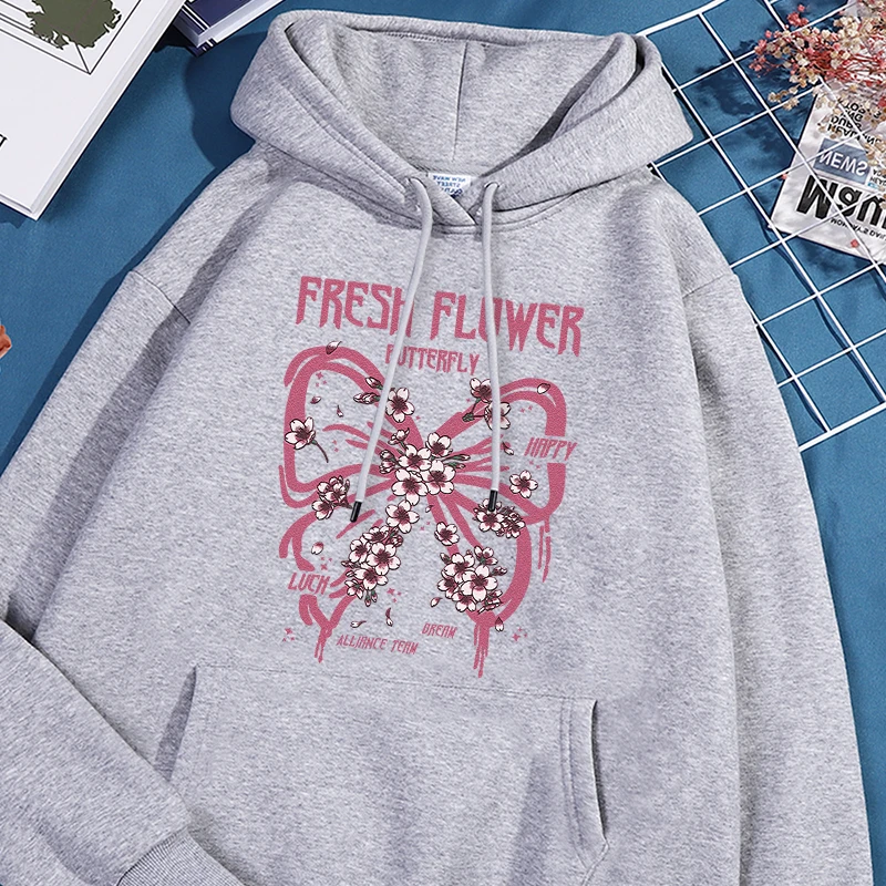 

Fresh Flower Butterfly Printing Women Hoodie Fleece Comfy Sportswear Fashion Crewneck Sweatshirt Vintage Oversize Clothes Female