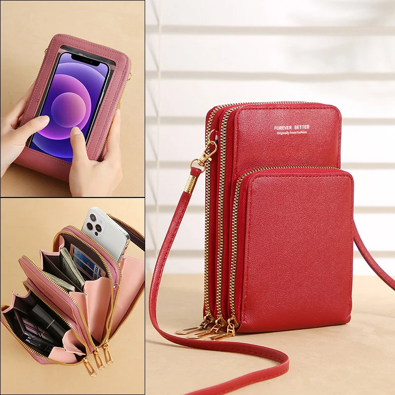 Korean Version of The Transparent Phone Messenger Bag Ladies Wallet PU Long Large-capacity 3 layers pockets Mini Shoulder