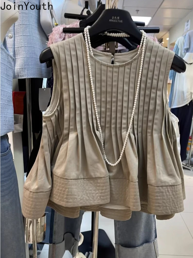 2024 Ropa Mujer Summer Tanks for Women Sweet Solid Color O-neck Sleeveless Vest Loose Fashion Korean Vintage Pleated Tops 27v559