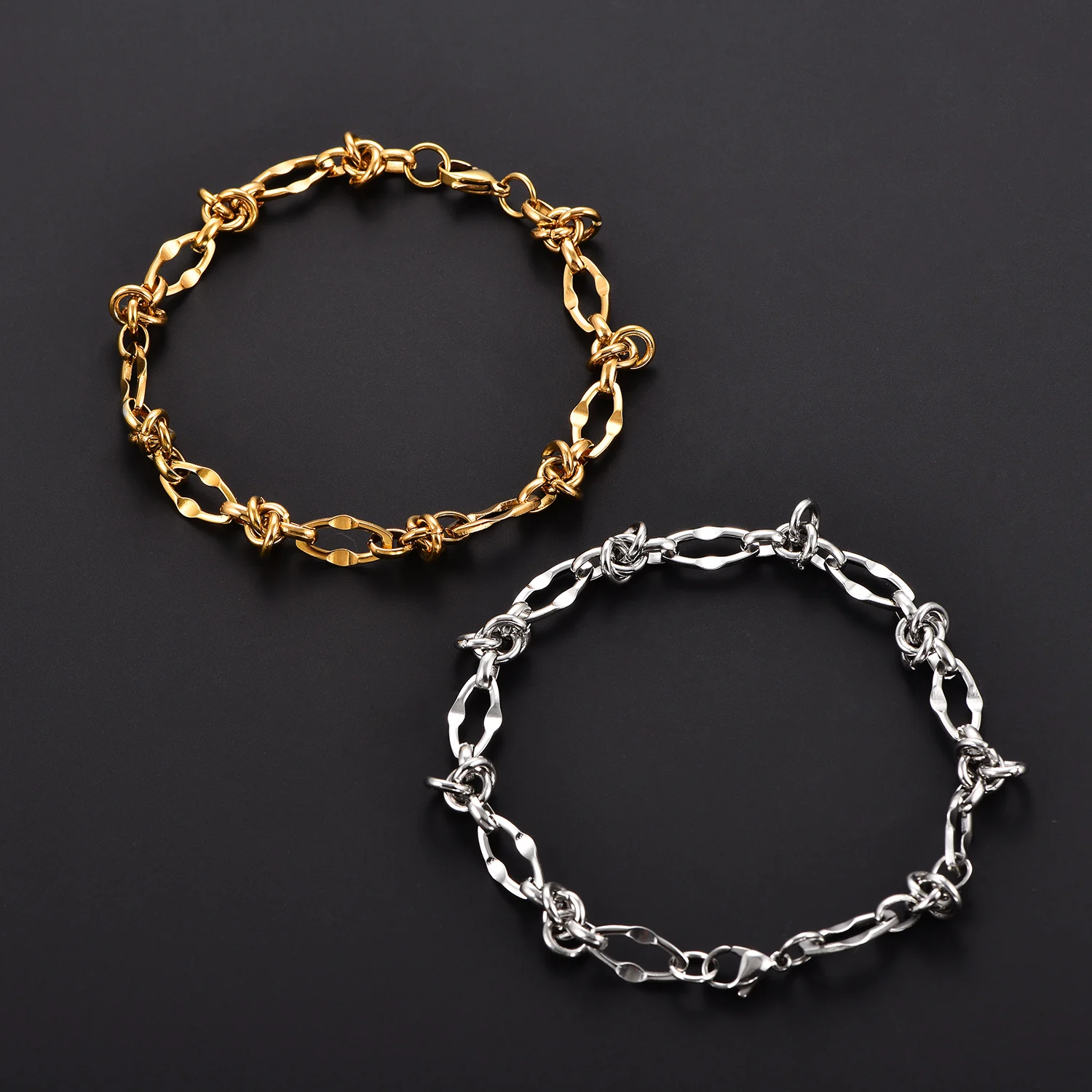 Hip-Hop Herrenarmband aus Edelstahl, geknotete Handkette, vergoldet, einzigartiger, klobiger Gliederarmreif, Punk-Schmuck für Jungen – Detail 1