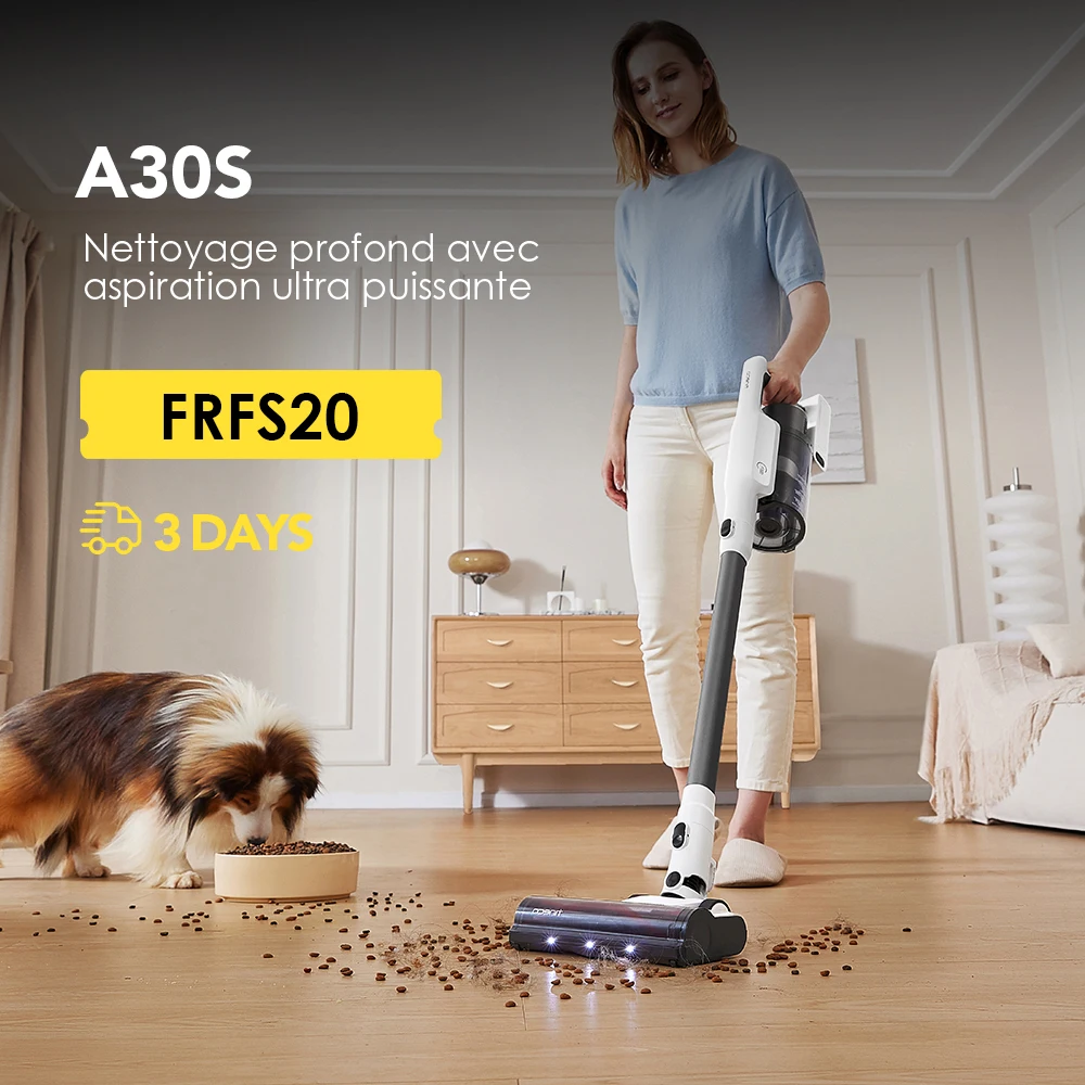 Tineco A30S Aspirateur Balai sans Fil, 60 Min d’Autonomie, Grand Réservoir de 1L, Brosse ZeroTangle,Technologie PureCyclone de, Eclairage LED