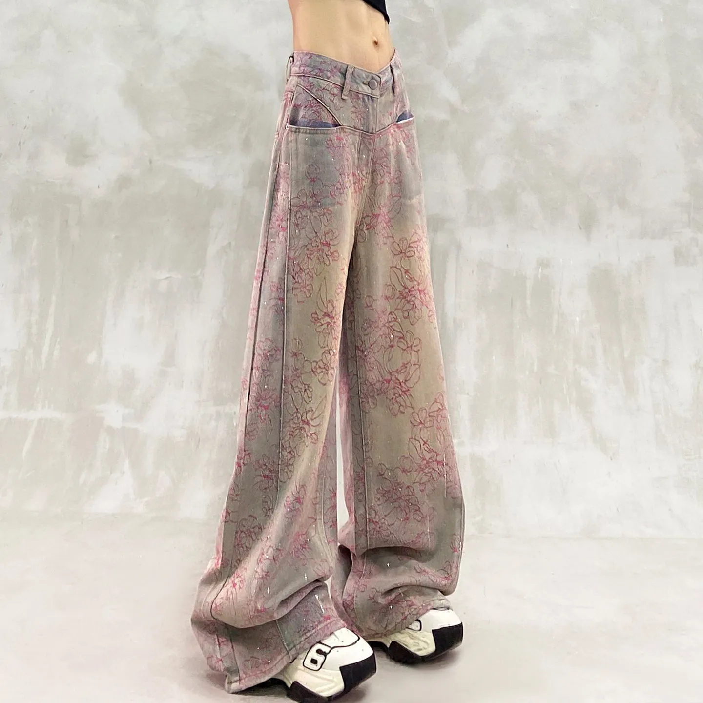 Washed Jacquard Jeans Womens Patchwork Denim Pants High Waisted Wide Straight Legs for Relaxed Summer Street Style