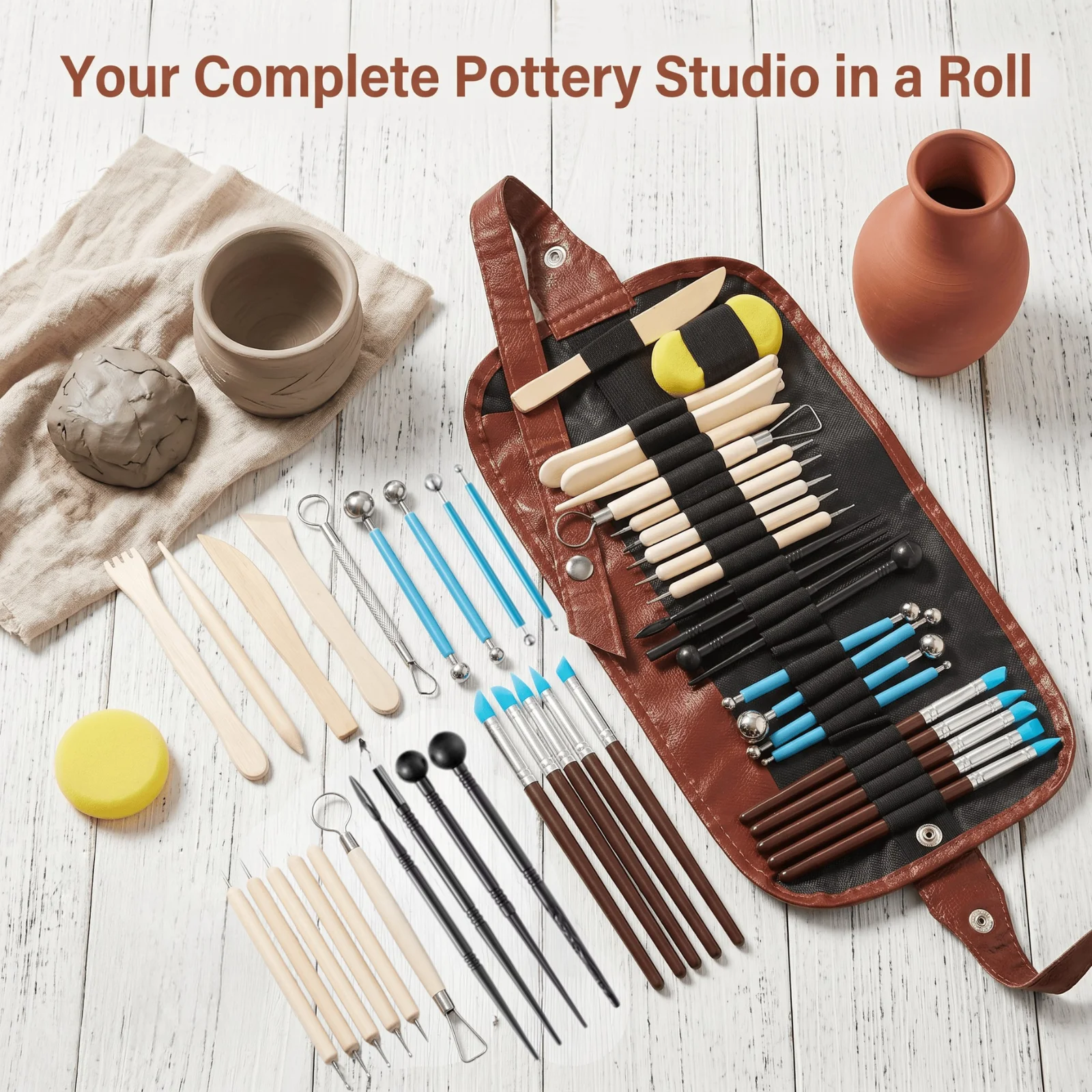 Multifunctional Pottery Clay Carving Tool Set with Roll-Up Bag, Double-Ended Sculpting Kit for Clay Shaping, Nail Art