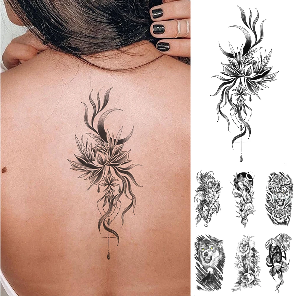 

Black Flower Body Art Chest Shoulder Temporary Tattoos Stickers for Men and Women