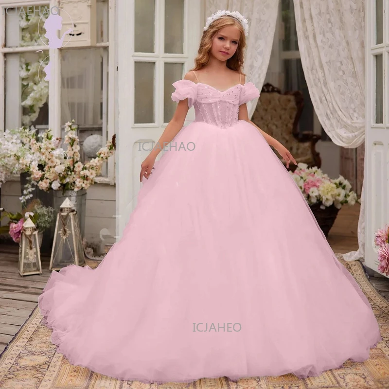 2026 Girls Flower Girl Wedding Dress Floor Celebration Gown Eid Kids Clothing Length Birthday Performance Long Gown Formal Party