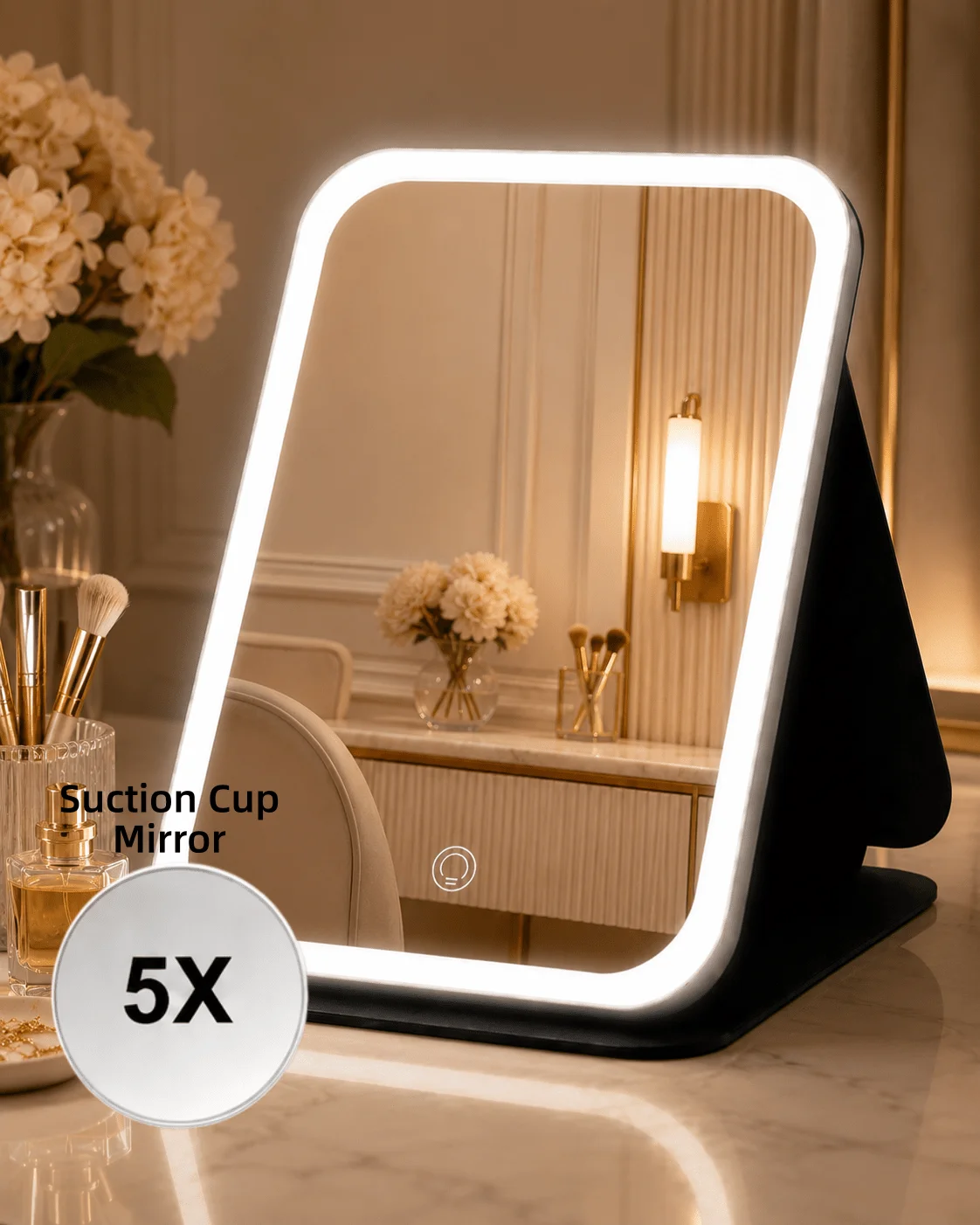 LED Makeup Mirror, Includes A 5X Magnifying Suction Cup Mirror, 3 Lighting Modes,Touch Control Brightness, USB Rechargeable Makeup Mirror, PU Leather, Foldable Portable, Suitable For Home, Bedroom, Desk, Travel, Ideal Holiday Gift sb260805165550193721021