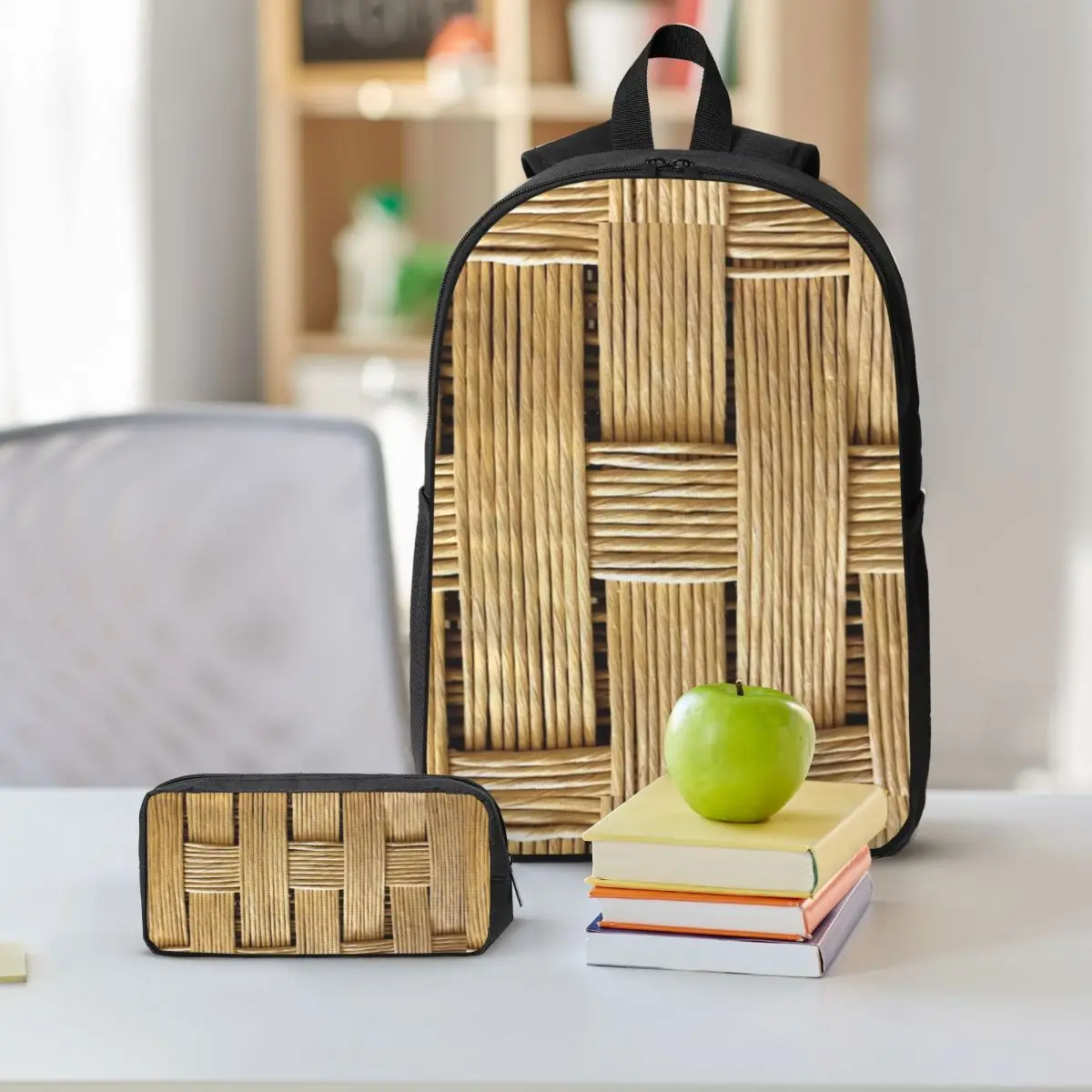 مضفر الروطان الخشب الخوص على ظهره بنين بنات BookBag حقيبة مدرسية حقائب كتف الكمبيوتر 3ps معزول حقيبة الغداء مقلمة #6