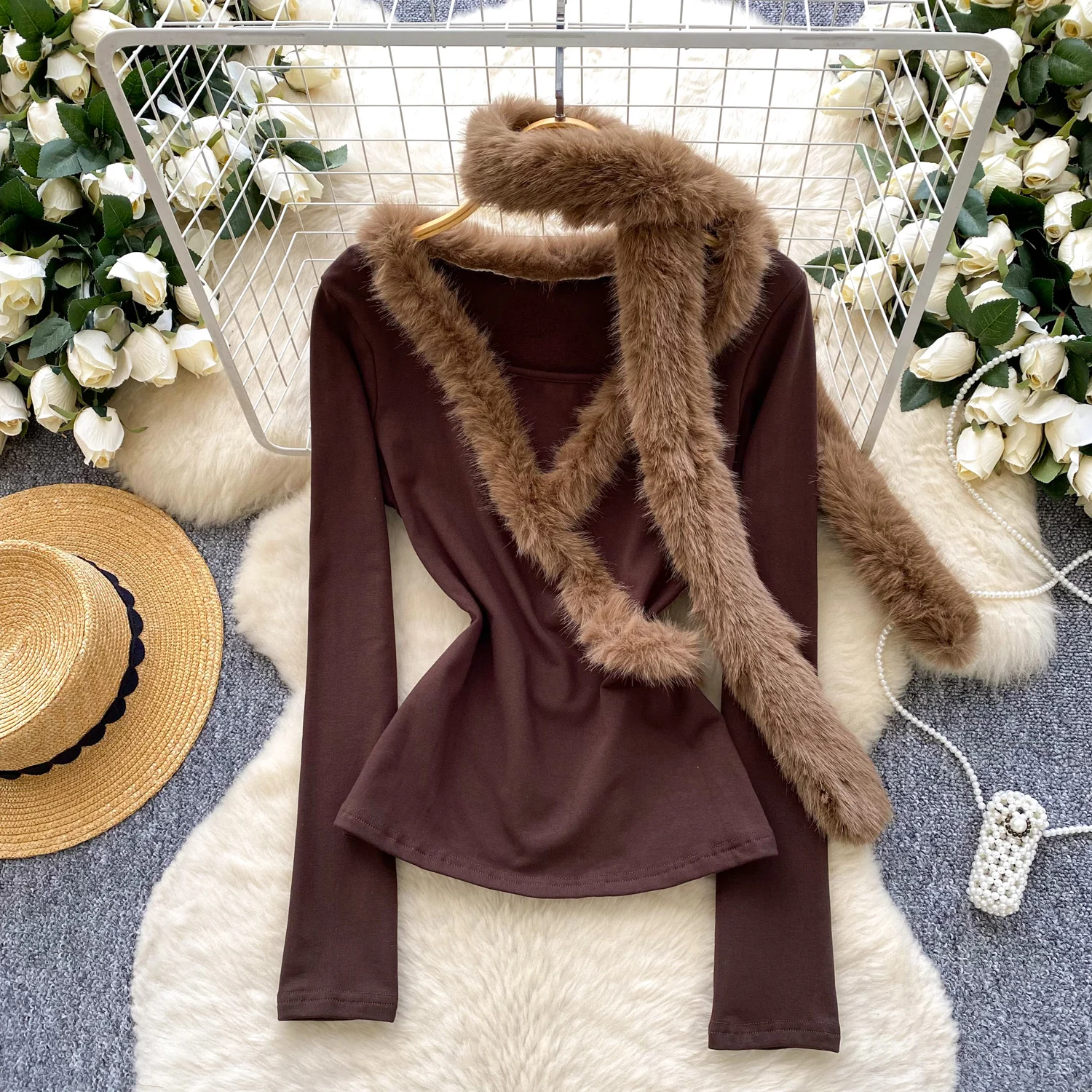 

Female Winter Faux Fur Decor Tops Shirts Lady Halter Ribbon Pullover Trendy Christmas Festival Date Dinner Tees Banquets T Shirt
