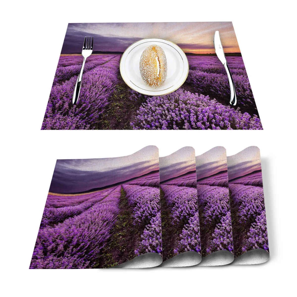 4PCS Plant Purple Lavender Flowers Dusk Placemat for Dining Table Mat Western Pad Placemats Set Kitchen Bowl Mat Pad Tea Cloth