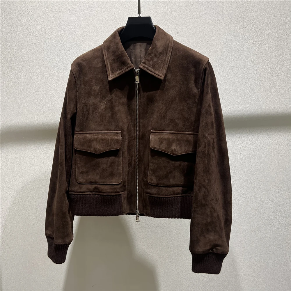 Jaxmonoy Damen-Bomberjacke aus echtem Wildleder, Wintermantel aus echtem Schafsleder, Herbst, übergroße Wildlederjacken, 2025, Neuankömmling