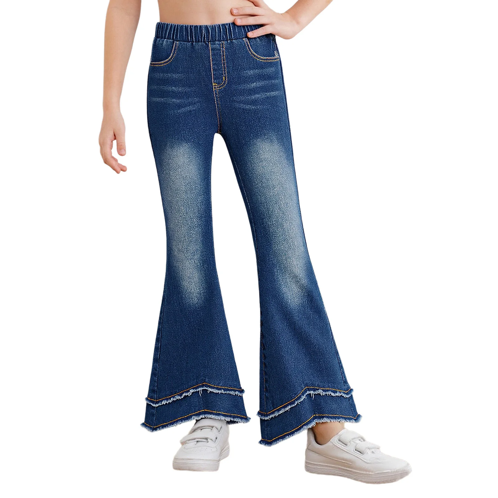 

Kids Girls Flared Jeans Spring Autumn Fashion Raw Hem Elastic Waistband Bell-Bottom Denim Pants with Pockets Casual Clothes