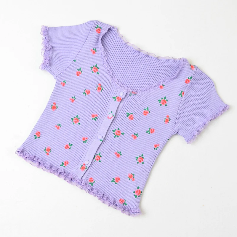 Ditsy Ribbed Short Sleeve Tee Y2K Floral Print Ruffled Lace Trim Button Front Crop Top for Women Teengirl 90s Fairycore Outfit