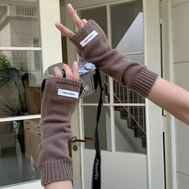 Winter Letter labeling Long Fingerless Gloves Knitted Arm Sleeve Women Mitten Arm Warmer Fine Soft Girls Clothes Glove For Women