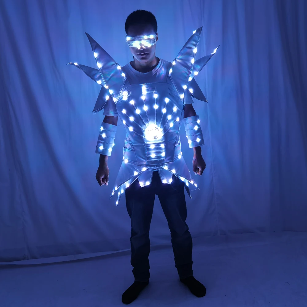 LED Dance Robot Costume, Silver White Leather Robot Suit, Stage Performance Wear, Full Color Change