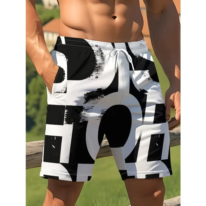 Fashion Black White Letter Graphic Print Shorts Hawaiian Beach Shorts For Man Summer Men's Swimsuit Elastic Waist Pocket Shorts