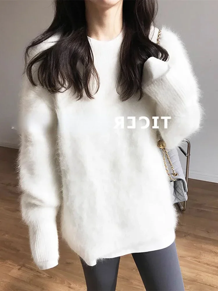 Blue Mink Fleece Sweater for Women Autumn Winter Thickened Soft Knitted Jumpers LOOSE Oversized Solid O Neck Women\'s Pullovers