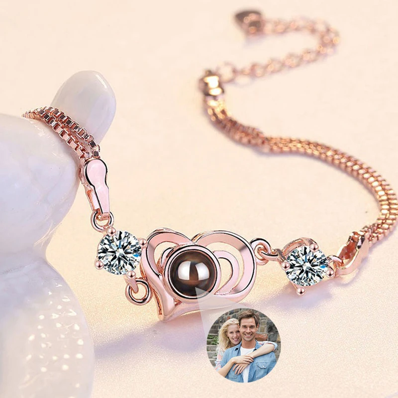 Pulsera de proyección de foto personalizada, brazalete con imagen de corazón personalizado, joyería conmemorativa de Plata de Ley 925