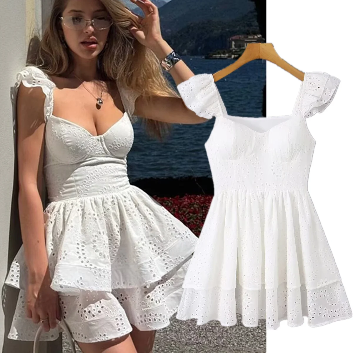 

Jenny&Dave French Fashion Blogger Vintage Embroideried Cotton Puff Sleeve Mini Dress White Elegant Lace Summer Party Dress