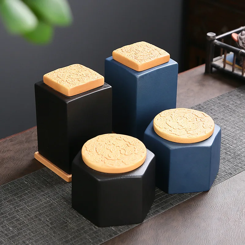 New Square Ceramic Tea Caddy Black Porcelain Sealed Candy Coffee Bean Storage Jar Jewelry Food Box Home Art Decoration